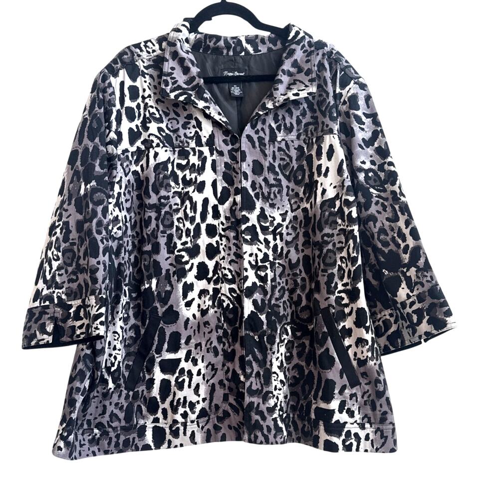 Maggie Barnes Black and Gray Leopard Animal Print Jacket, 3/4 Sleeves, Pockets